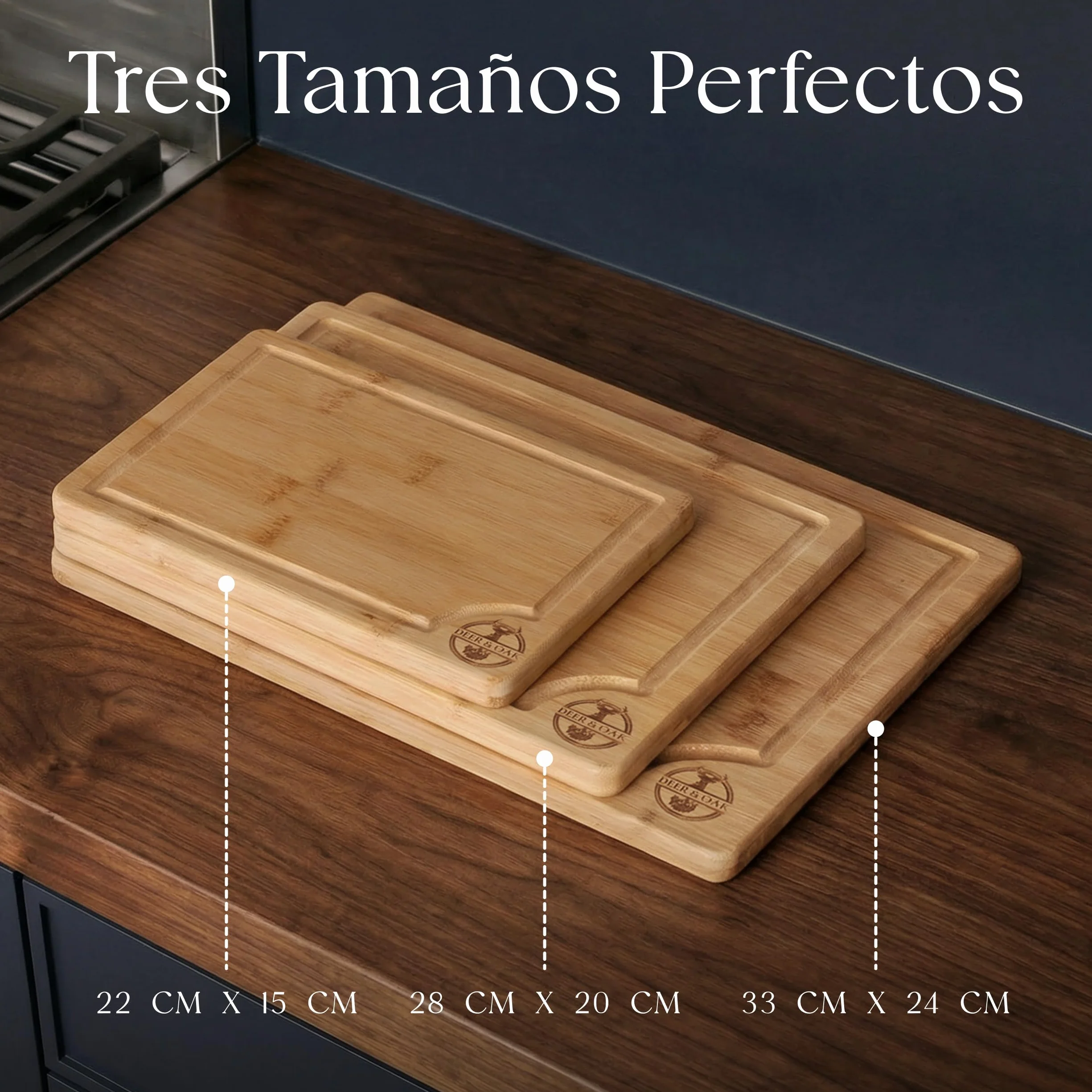 Deer & Oak Set de 3 Tablas de Cortar Bambú con Asas y Ranuras 33x24 28x20 22x15 cm Pre-aceitadas Ecológicas