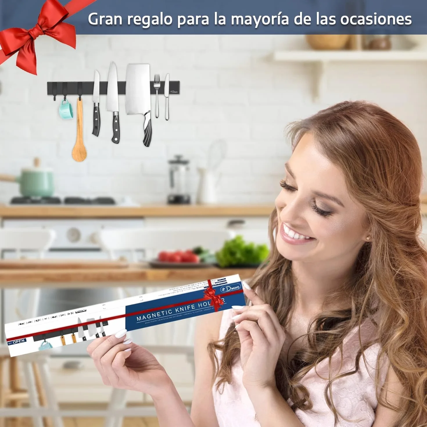 Porta Cuchillos Magnético Dmore 40 cm con 3 Ganchos, Soporte Imán Cuchillos