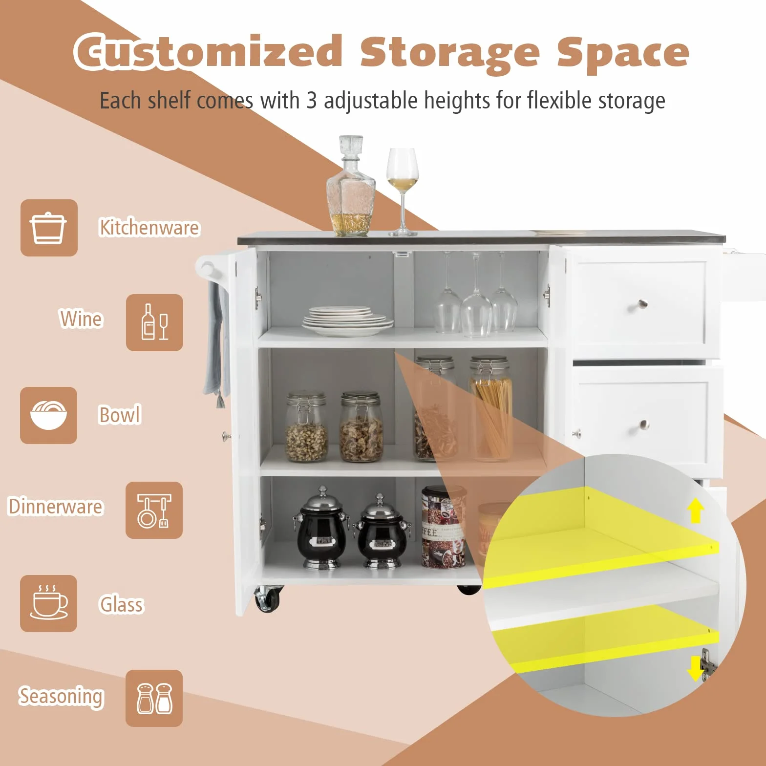 GIANTEX Carro de Cocina con 2 Puertas y 3 Cajones, Isla de Cocina con Ruedas y Tablero de Acero Inoxidable, Asa Lateral y Especiero, 135x45,5x91,5 cm, Mueble Auxiliar para Comedor (Blanco)
