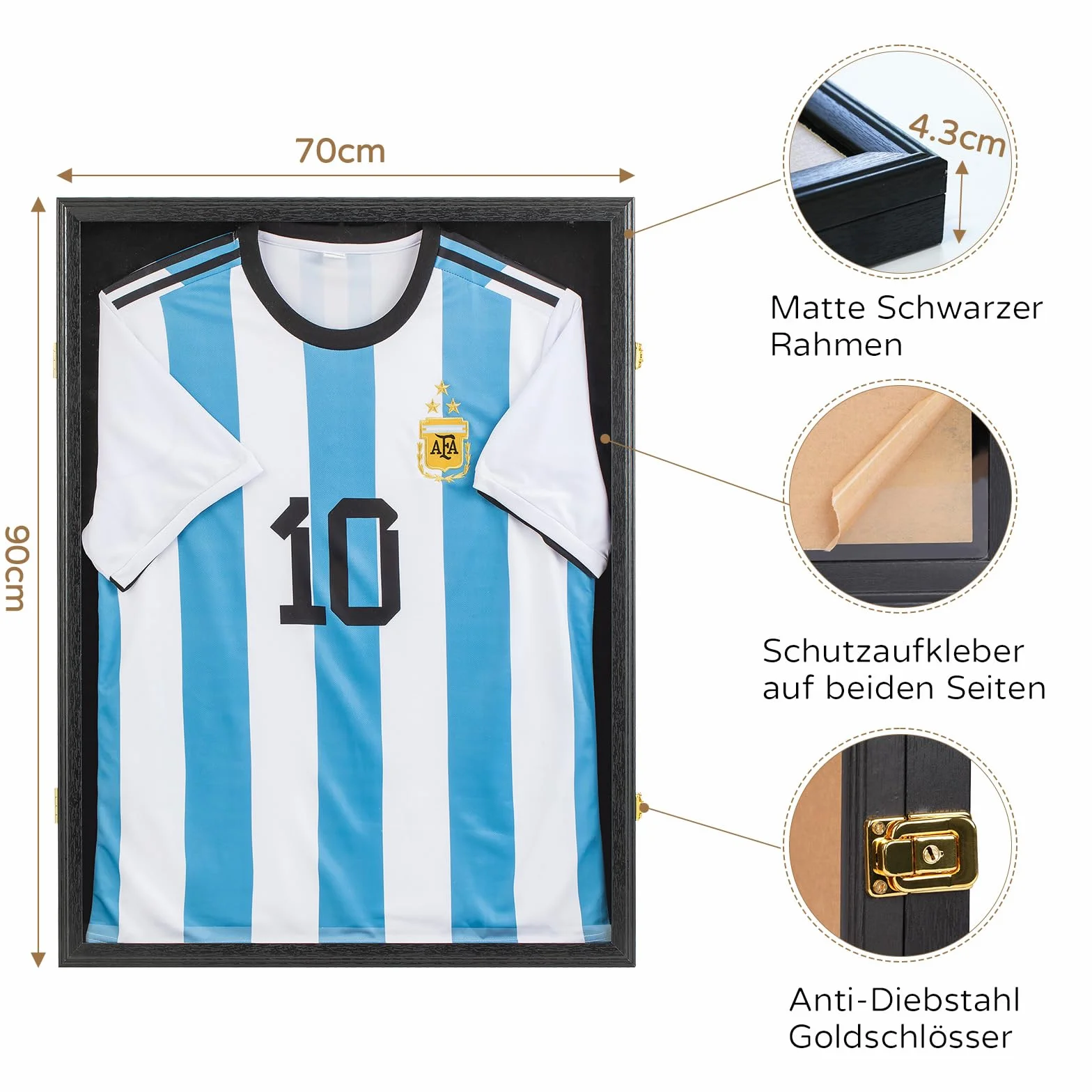 Marco de camiseta de fútbol de 70 x 90 cm, marco 3D, marco de objetos grandes, para adultos, hockey sobre hielo, fútbol, baloncesto, camiseta negra