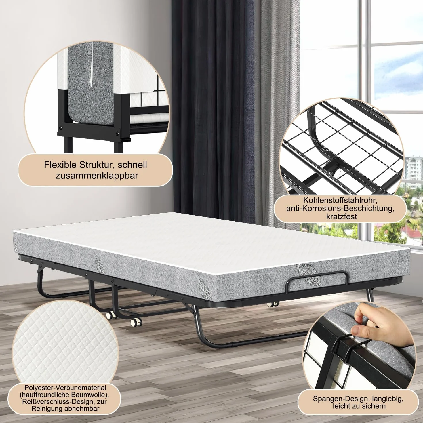 Cama plegable 90x200 cm con colchón de 13 cm, cama plegable para invitados para adultos, marco de metal estable, cama plegable con ruedas y funda protectora, cama de visita para ahorrar