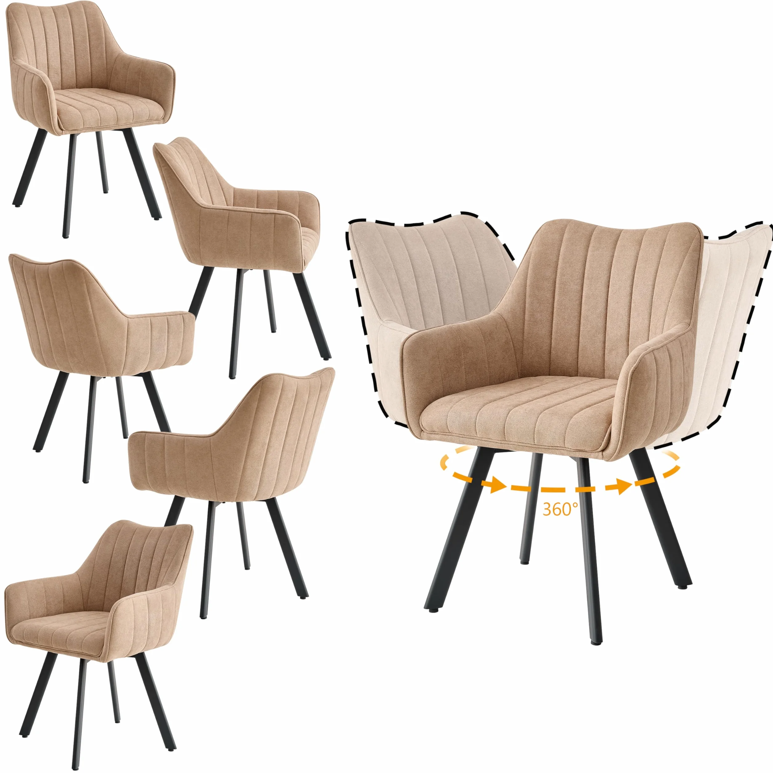 Juego de 6 Sillas de Comedor con Brazos, Sillas de Cocina Tapizadas en Lino, Patas Metálicas Giratorias 360°, Aptas para Comedores, Cocinas y Salas de Estar, Caqui