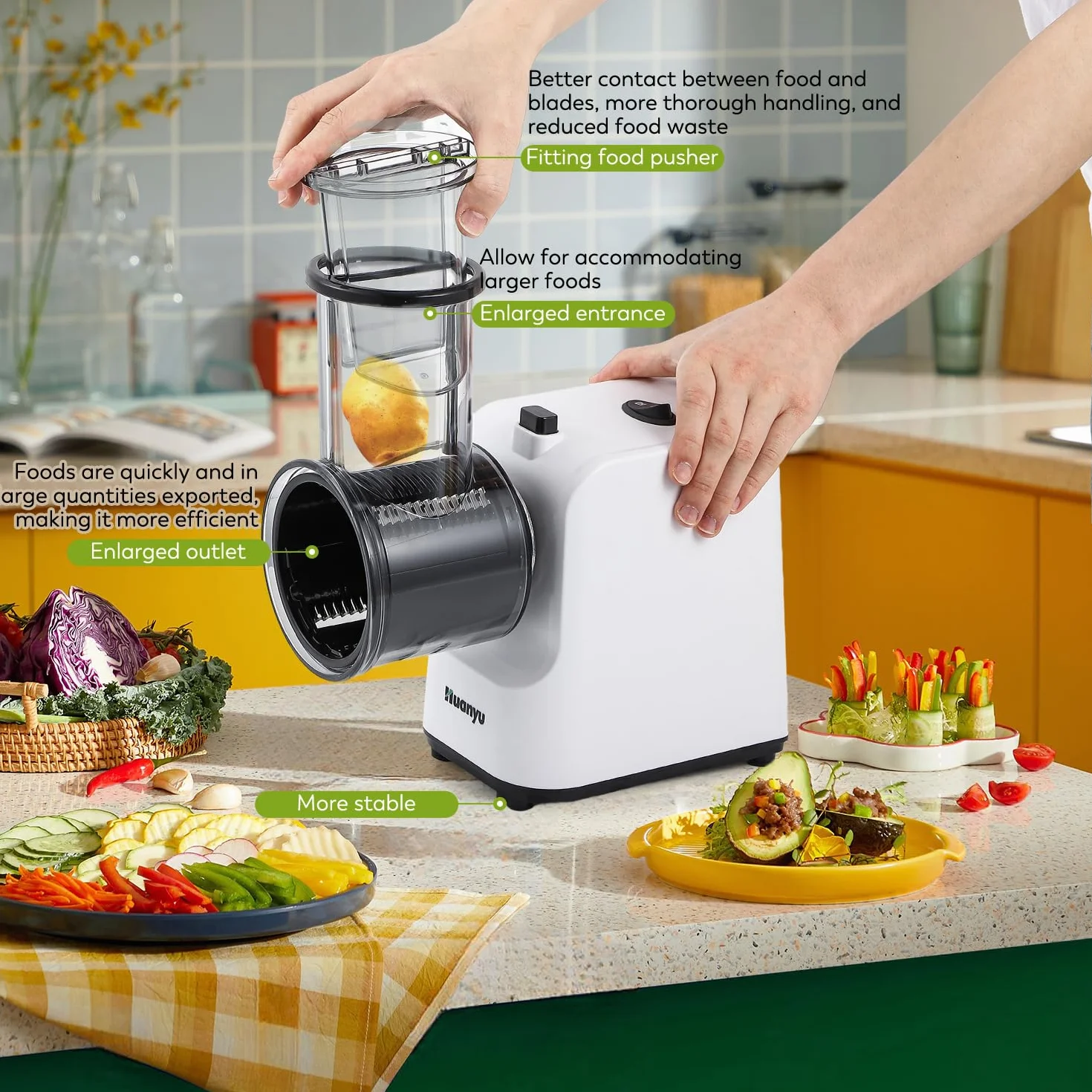 Huanyu Rallador Eléctrico Multifuncional 250W Cortador Verduras 5 Cuchillas Preparador Ensaladas Picador Carne