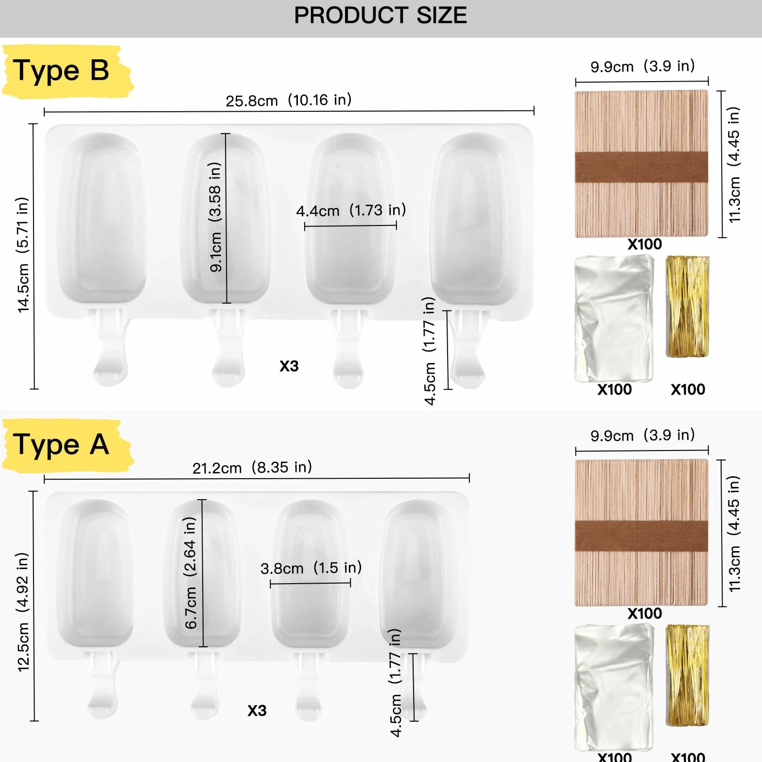Moldes Helados Silicona con 100 Bolsas, Precintos y Palitos – Set Completo sin BPA para Helados Caseros Reutilizables