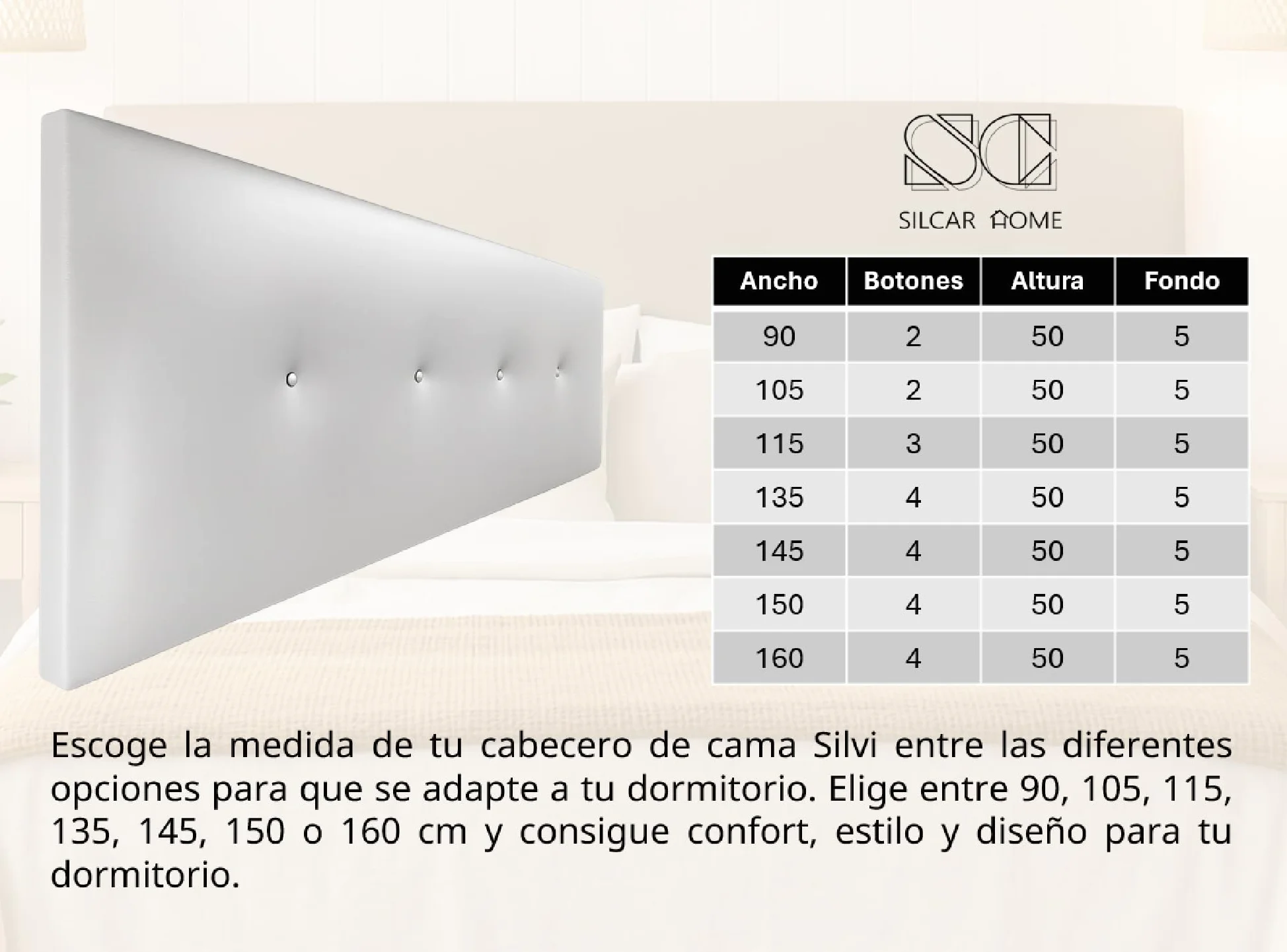 Silcar Home - Cabecero de Cama 135 Blanco Silvi - Tapizado, Estructura Madera, Hilera Botones Estilo Moderno - Fácil Instalación, Acolchado Confort - 135 cm, Polipiel Blanco