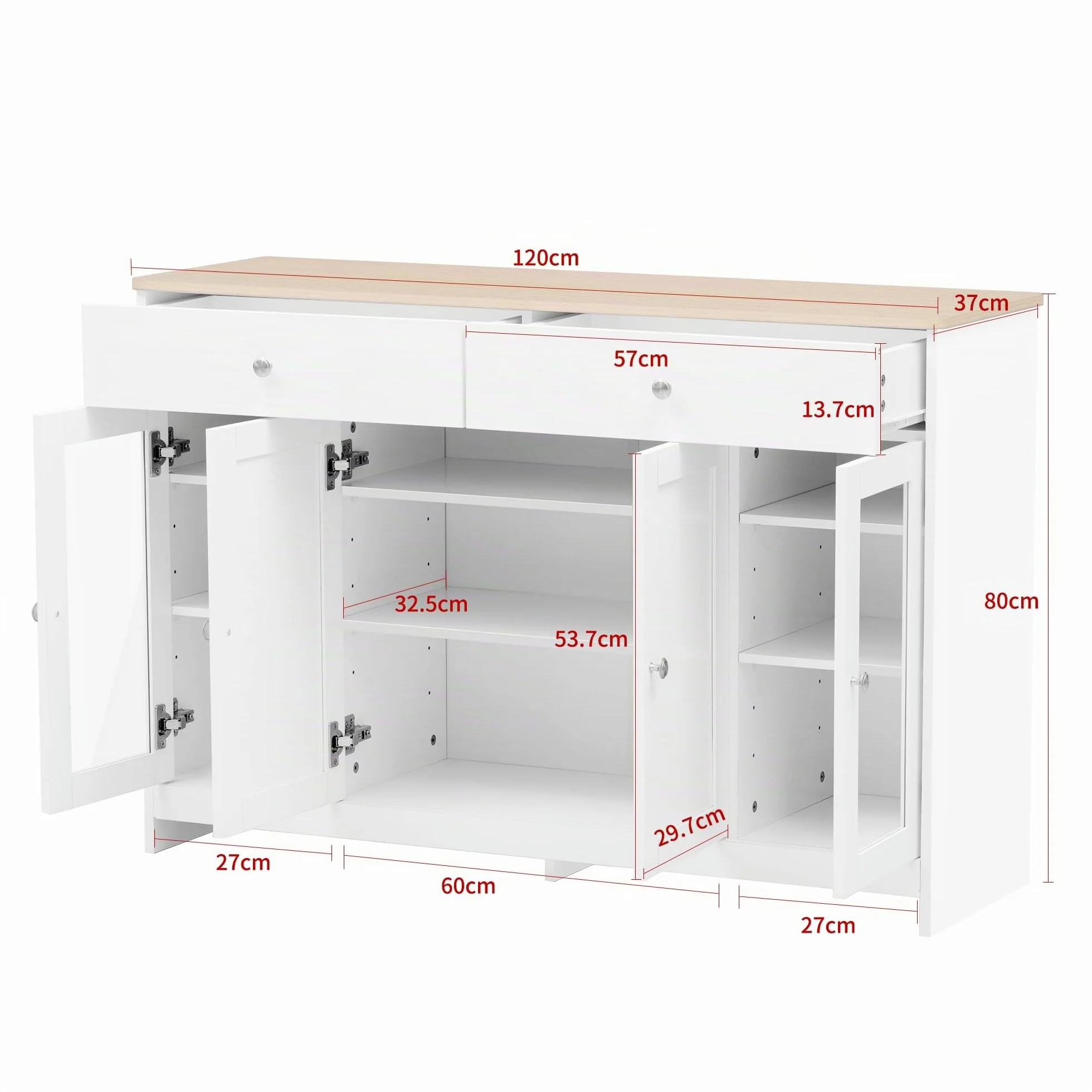 Azkoeesy Aparador Blanco con Puertas de Cristal y 2 Cajón - 120x37x80 cm, Mueble Multifuncional (Cocina/Buffet/Archivador) para Sala de Estar y Oficina - Diseño Moderno con Almacenamiento