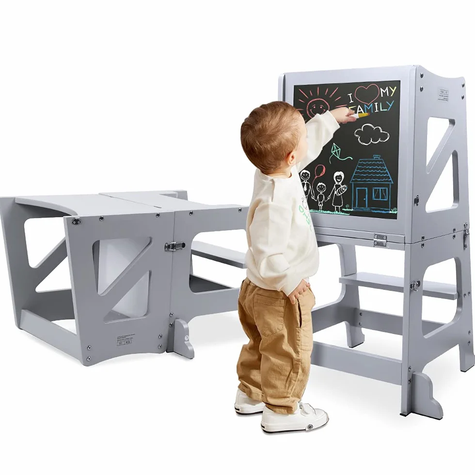 YOLEO Torre Aprendizaje Transformer Montessori Plegable con Pizarra Magnética Gris Madera