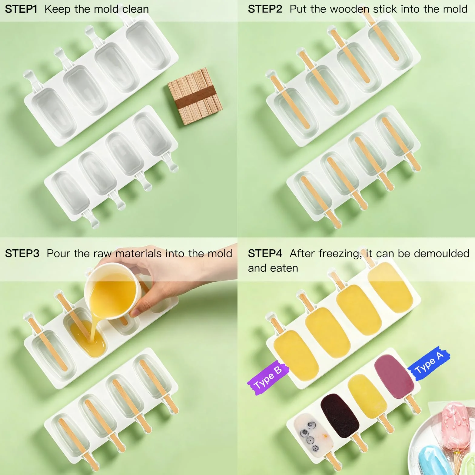 Moldes Helados Silicona con 100 Bolsas, Precintos y Palitos – Set Completo sin BPA para Helados Caseros Reutilizables