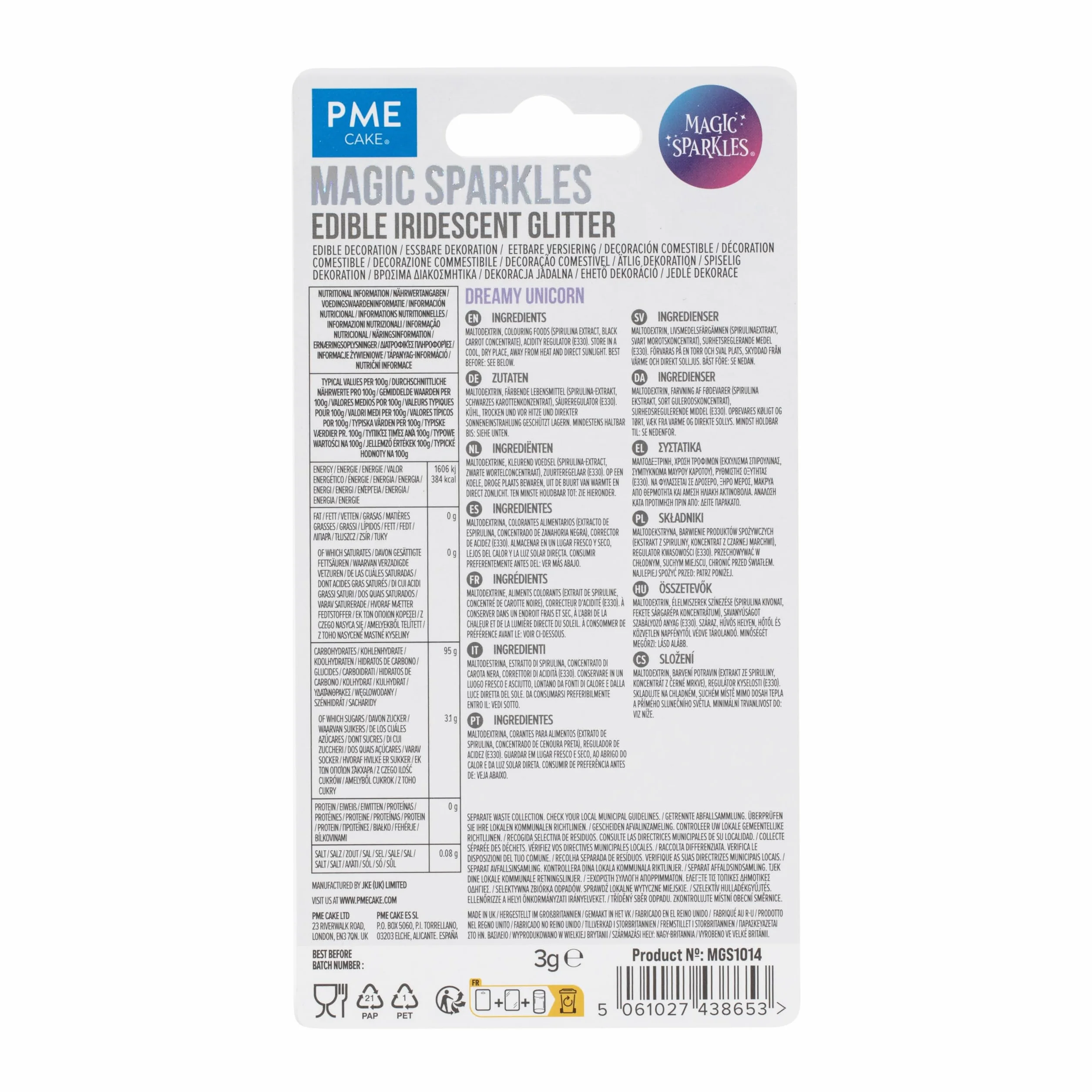 PME Magic Sparkles Copos de Glitter Iridiscente Comestible Unicornio Encantado 3g