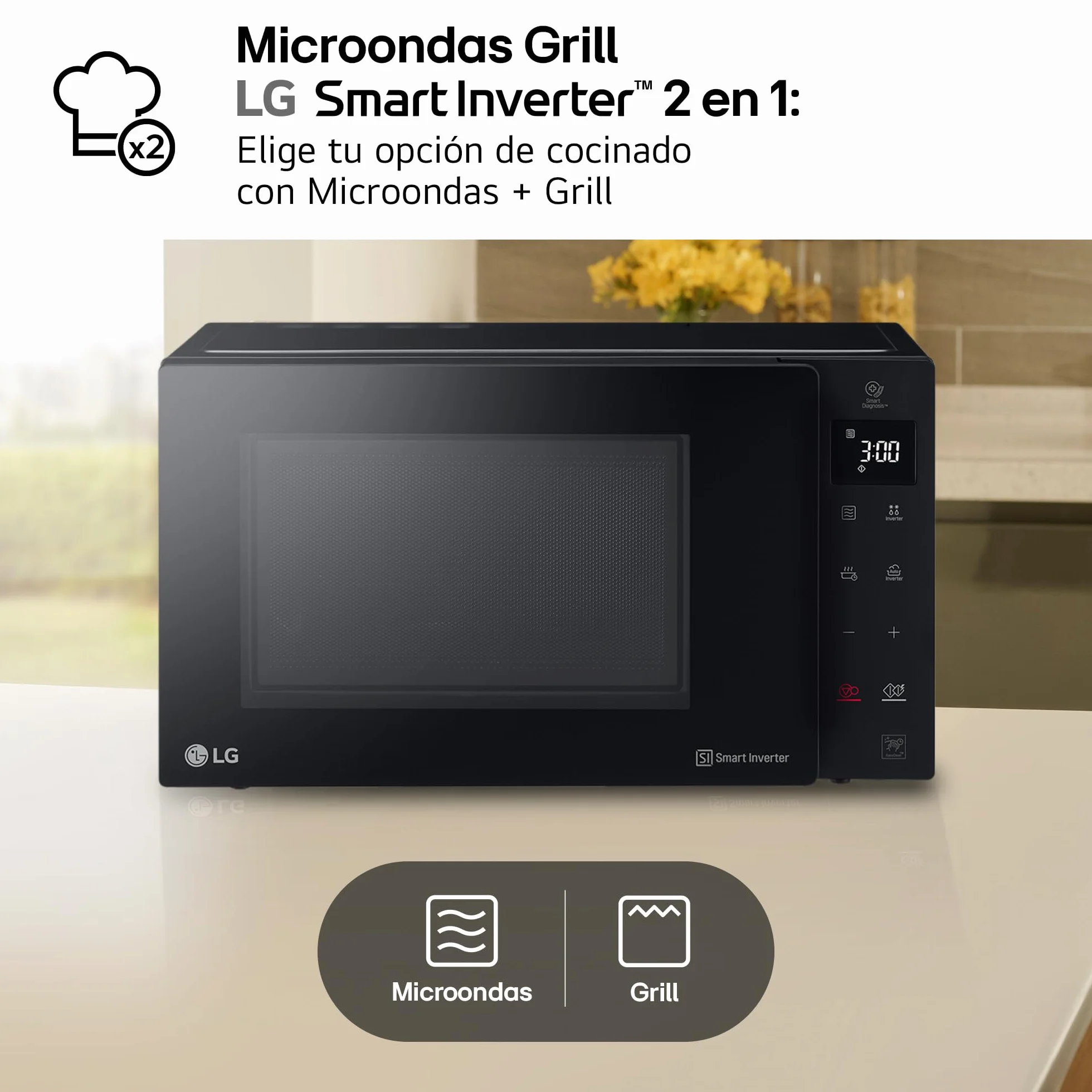 LG MH6535GIB - Microondas con grill, 1000 W, Smart Inverter, Display digital, Color Negro Transparente, 1000 W, 25 l