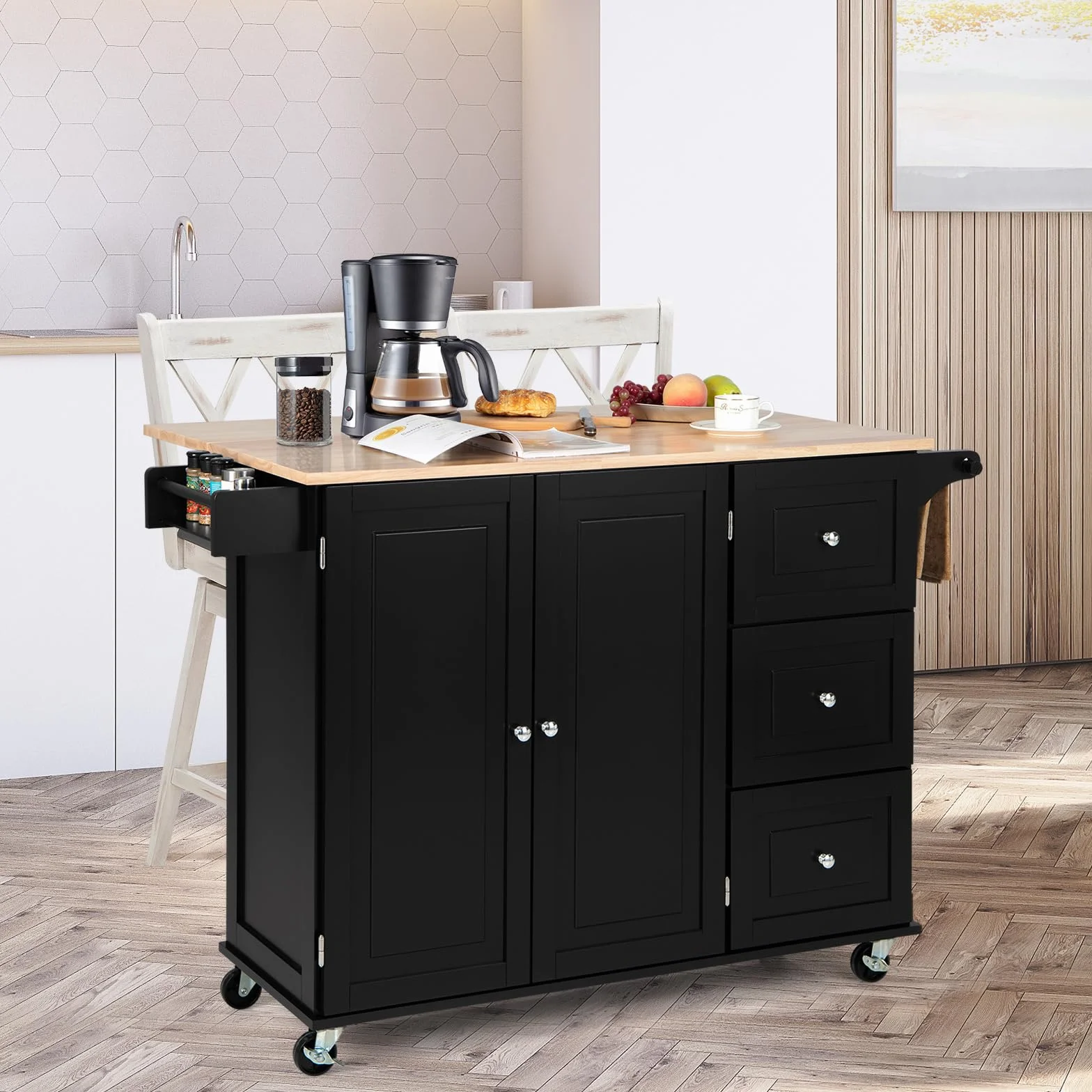 KOMFOTTEU Carro de Cocina con Encimera Plegable, Isla de Cocina con Ruedas, Carro de Servicio con Armario con Puertas y 3 Cajones, Mueble de Almacenamiento con Estantes Ajustables (Negro)