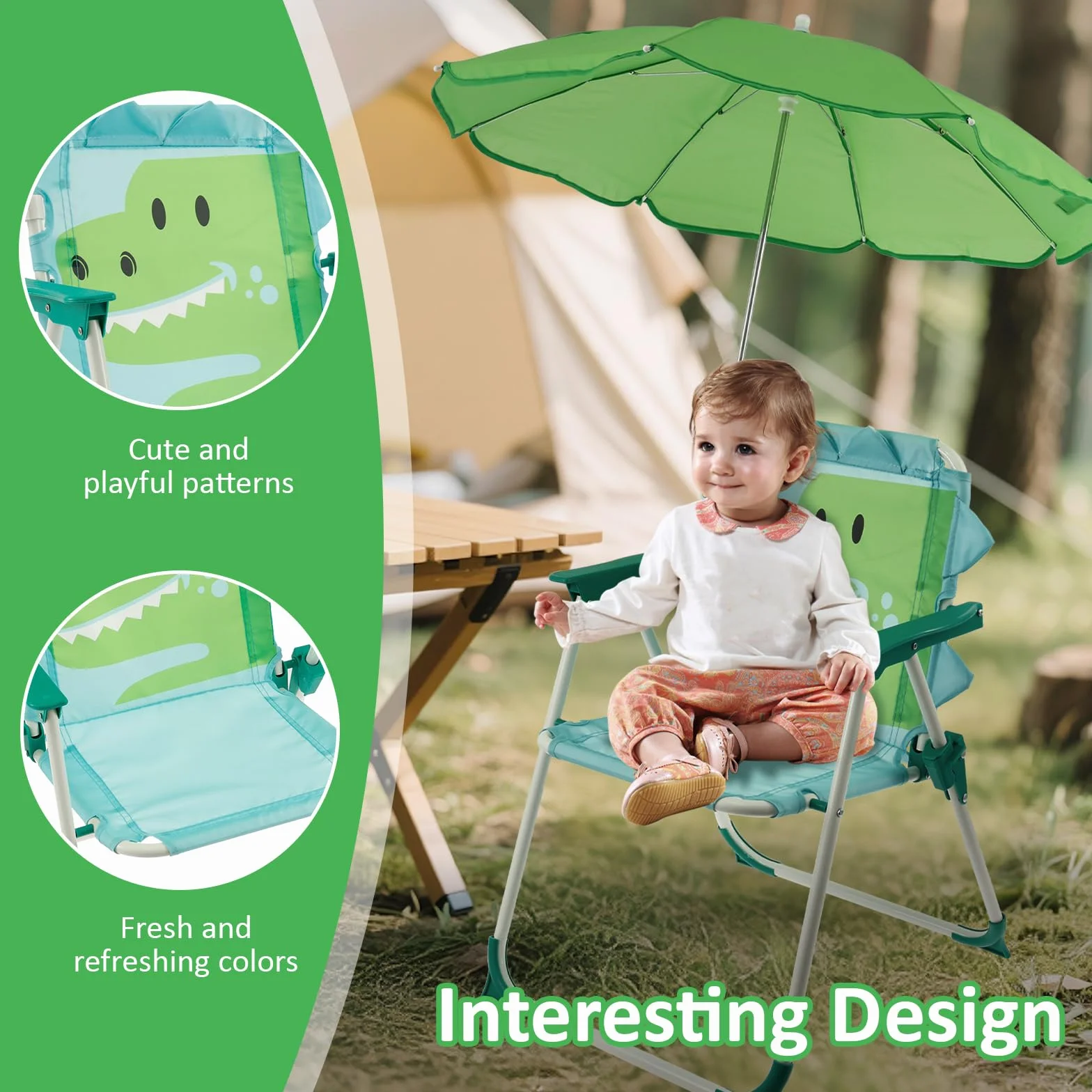 Silla de Jardín Infantil Plegable con Sombrilla Playa Azul Dinosaurio