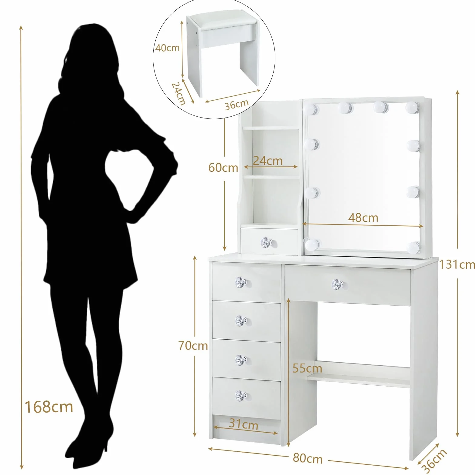 Tocador con Hollywood LED y Espejo, Mesa de Maquillaje con 5 Cajones Grandes y 1 Taburete, 3 Temperaturas de Color y Brillo Ajustable, Blanco, 131x80x36 cm