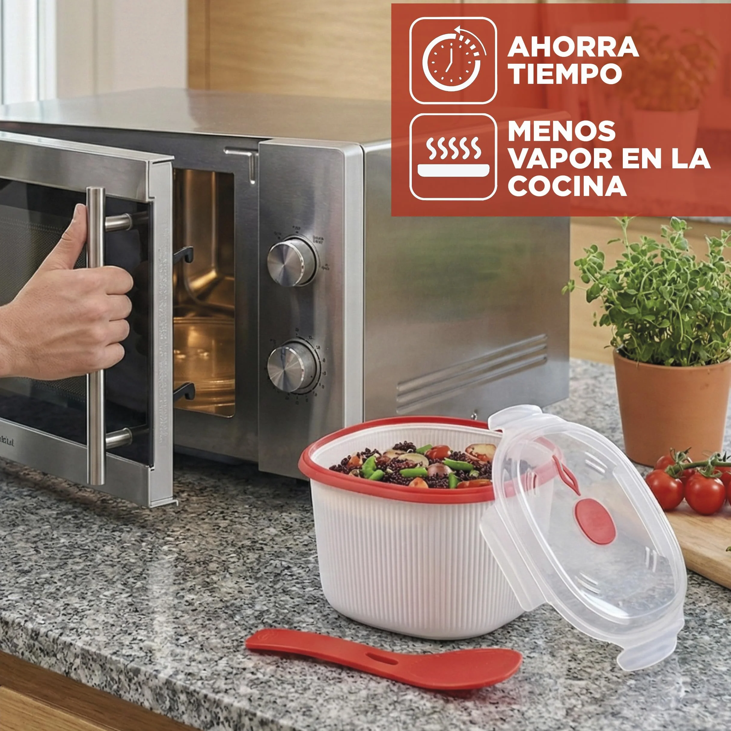 Olla Arrocera Microondas 2.70L Recipiente para Cocina al Vapor, Cereales & Rice Cooker con Espátula, Made in Italy