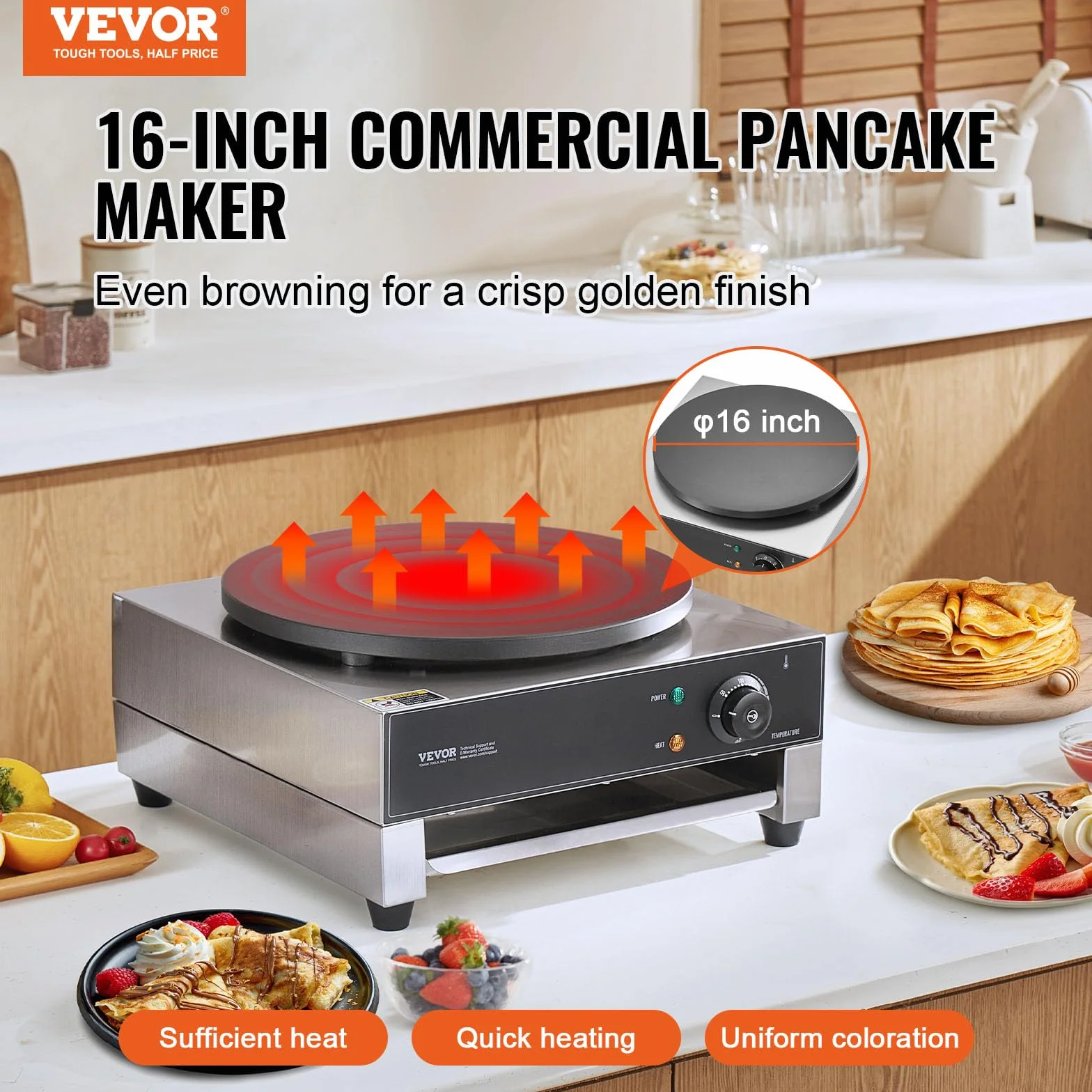 VEVOR Máquina para Crepes Comercial de Placa Plana de 3000 W, Acero Inoxidable Antiadherente, Estufa Circular de Escritorio para Panqueques y Cereales con Control de Temperatura, 435 x 455 x 225 mm