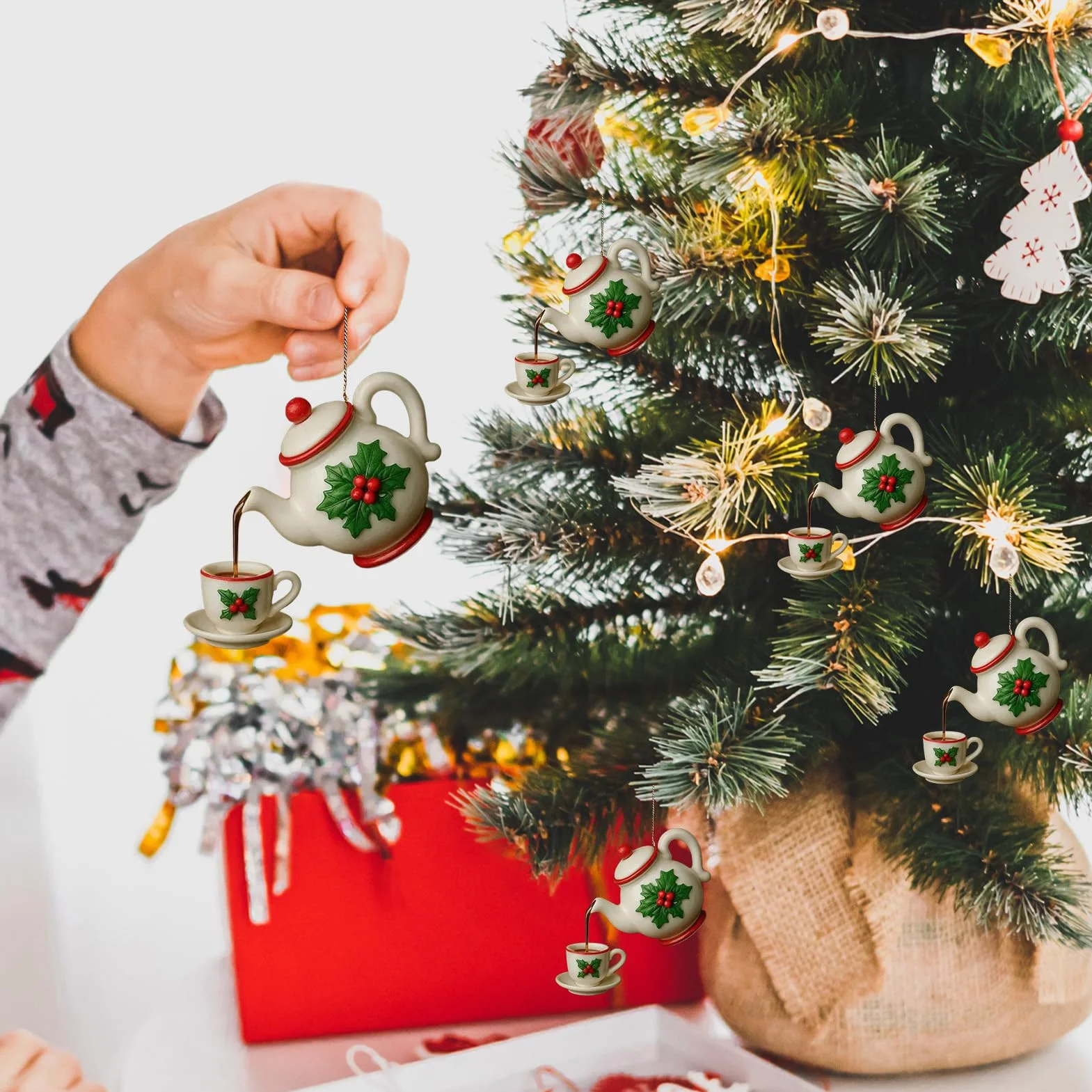 Juego de Adornos de Navidad para Árbol, Colgante de Tetera Acrílica 2D, Decoración Rústica para Hogar