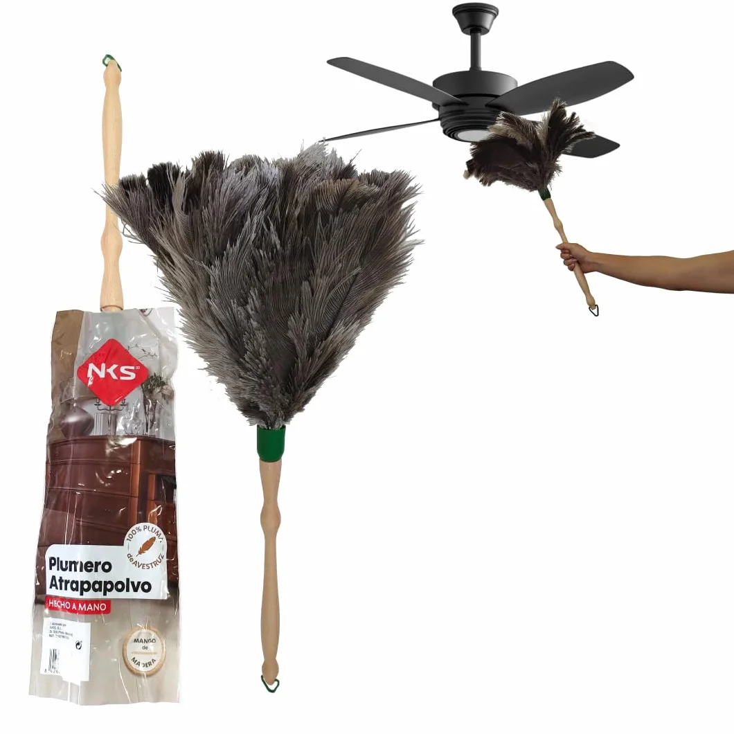 Plumero Avestruz 56 cm - Fabricado en España - Plumero Atrapapolvo Mango Madera y 100% Pluma de Avestruz - Fácil de Limpiar - Limpieza Muebles, Ventiladores o Estanterías