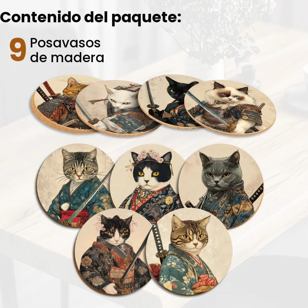 ANATTASOUL 9Pcs Gato Samurái Posavasos Madera, Posavasos De Madera, Reutilizables, Redondos, Drink Coasters, Taza para Café, Bar, Cocina, Restaurante