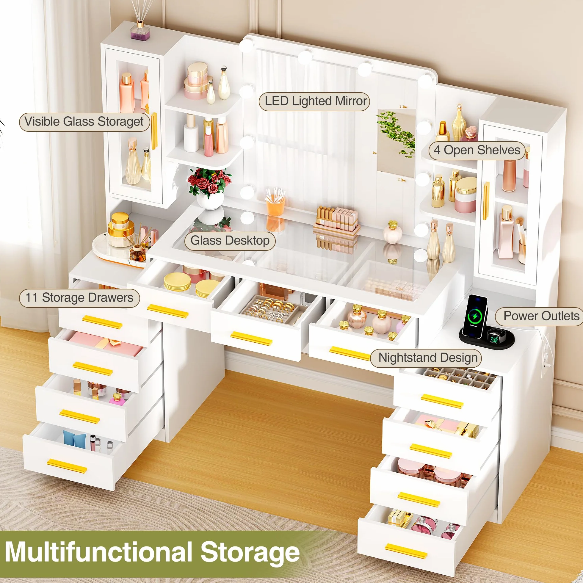 ANWBROAD Grande Tocador con Espejo y Luz, Mesa de Maquillaje con 11 Cajones y Enchufes, Blanco BDT27W