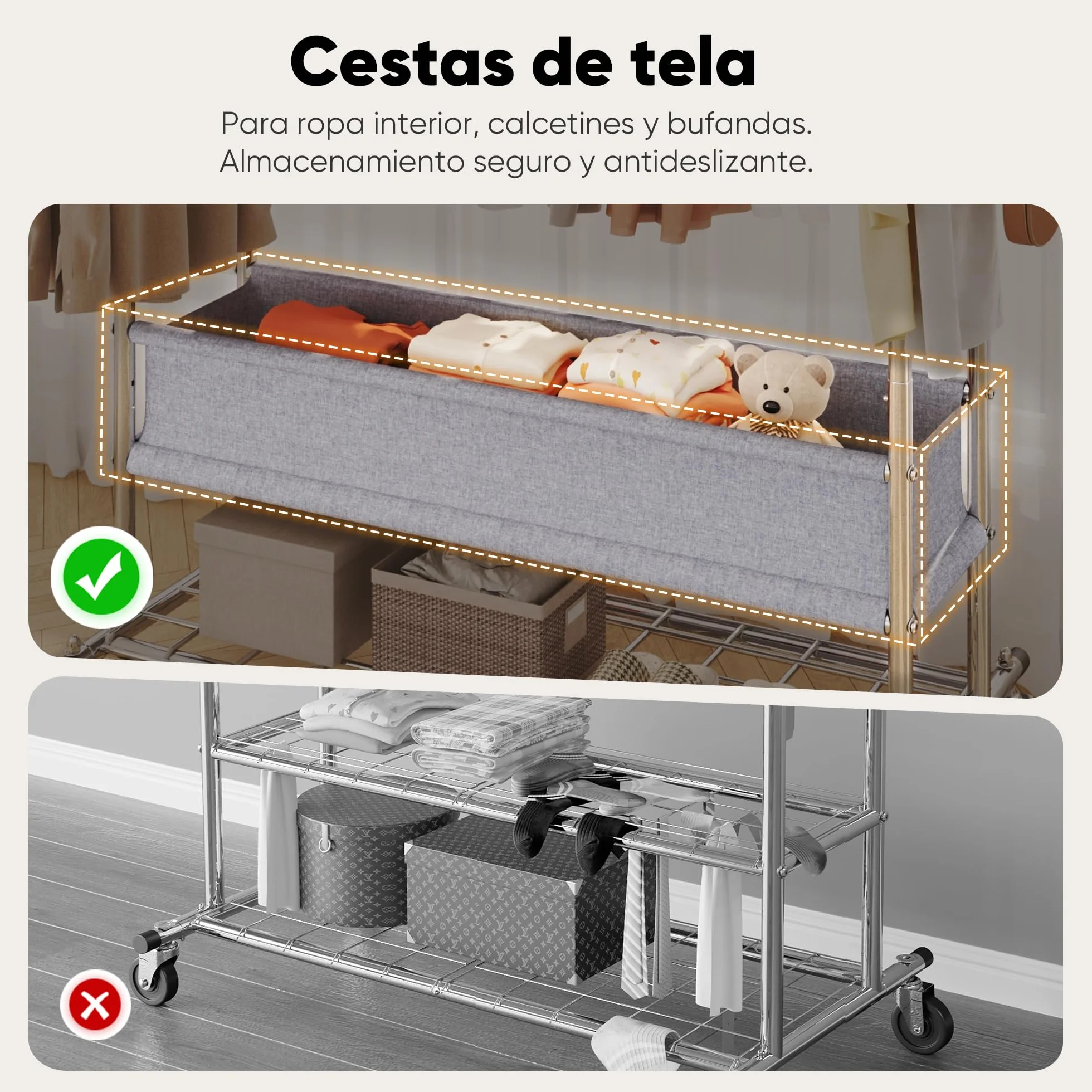 HOKEEPER Burro de Ropa Resistente de Doble Barra con Ruedas, 283kg, con Cesta de Tela y Estante, Extensible - Ideal para Dormitorio, Boutique