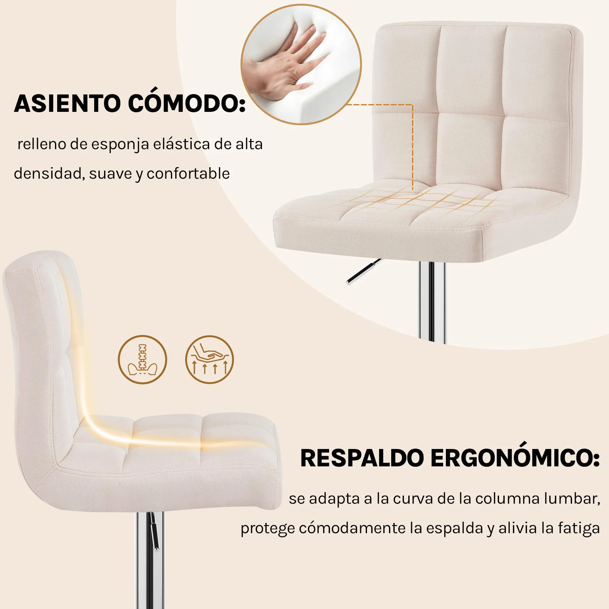 WOLTU 2X Taburete de Bar Silla de Bar Lino Muebles Cocina Taburete Alto Regulable en Altura con Respaldo Sillas Alta Taburetes Tapizado Crema