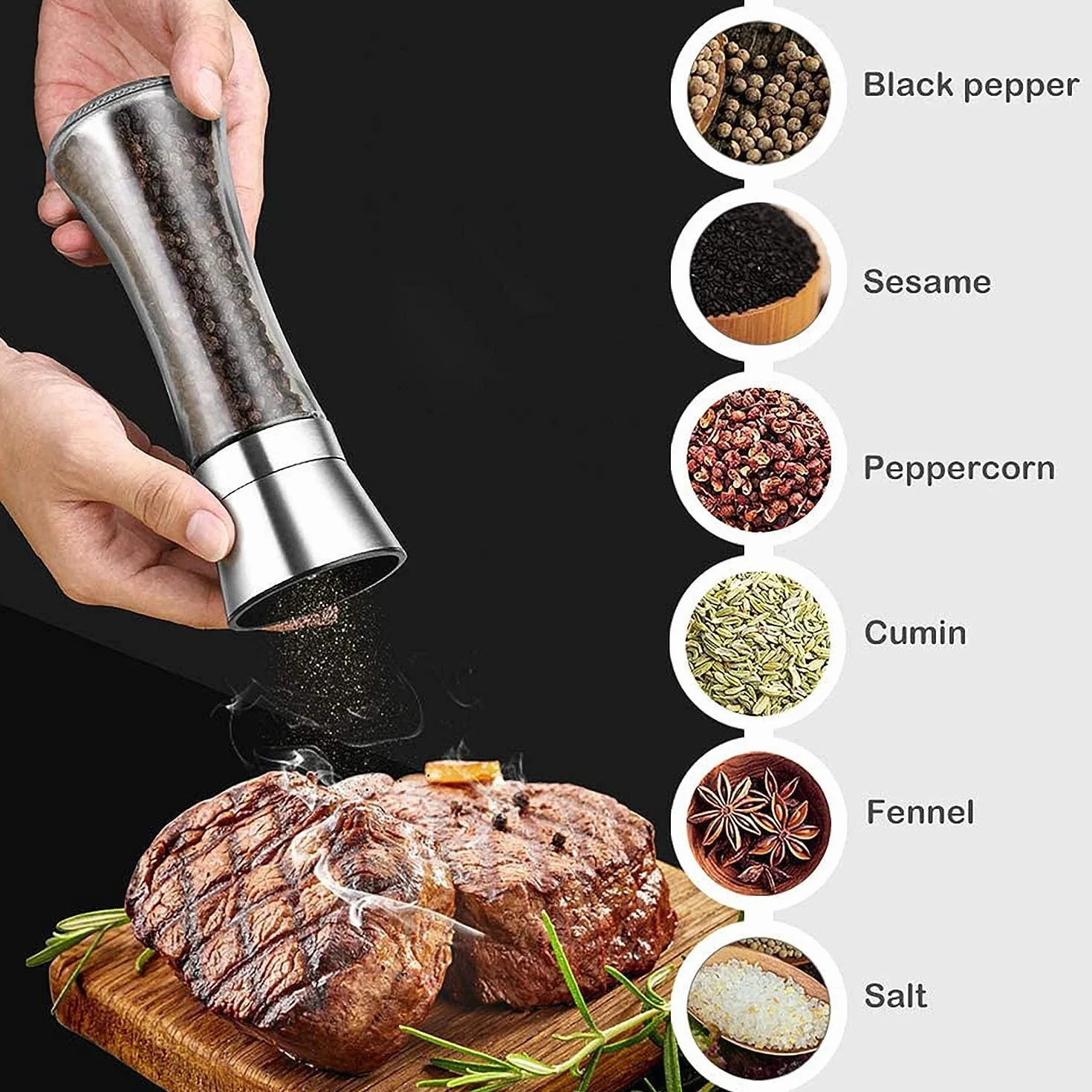 Juego de 3 Molinillos de Sal y Pimienta, Cierre de Acero Inoxidable y Molino de Cerámica con Grosor Ajustable Pimentero o Especiero, Molinos Manuales, 200ML