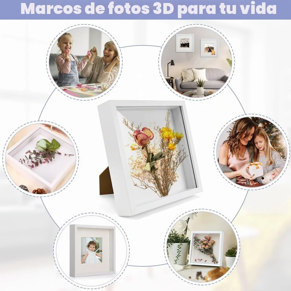 HEKOBAG Marco de Fotos 3D con Profundidad, 20,3 * 20,3cm Marcos con Profundidad 3cm, Marco de Fotos para Rellenar, Marco de Objeto Rellenable Forma Cuadrada, Marco Profundo Caja de Exhibición Blanco