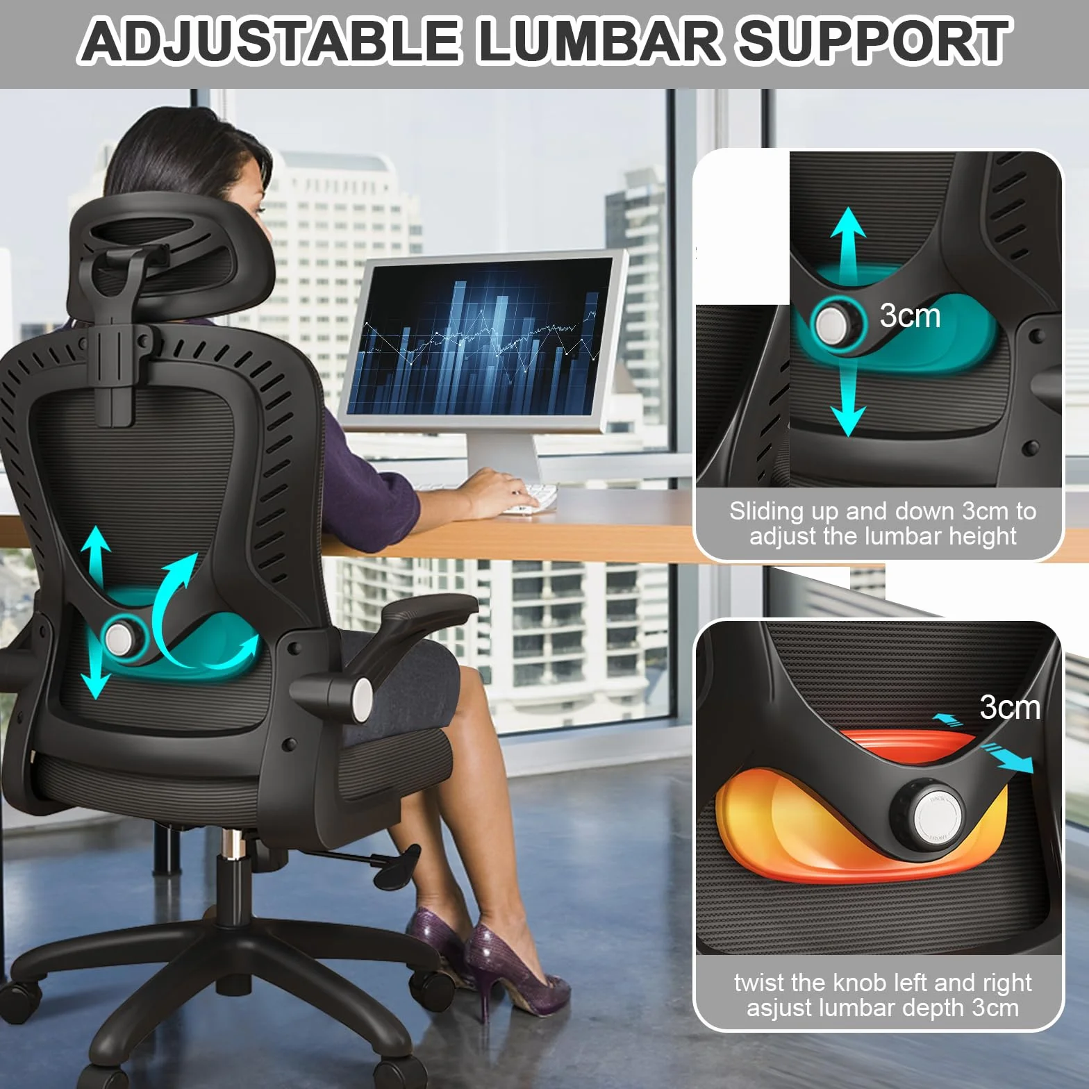LEVIPE Silla de Oficina Ergonómica con Soporte Lumbar, Reposabrazos y Reposacabezas Ajustable, Respaldo Alto Giratoria