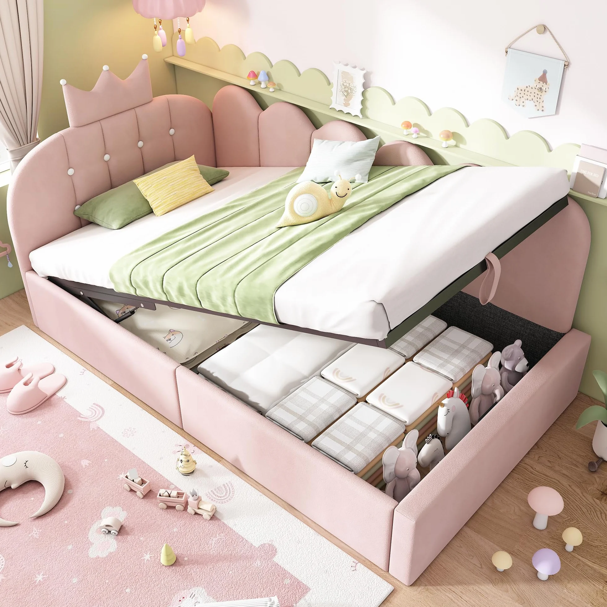 Mrwoo Cama día 90x190 cm con Almacenamiento Hidráulico, Sofá Cama con Diseño de Corona y Rejilla, Cama Infantil, Terciopelo, Rosa(Sin Colchón)
