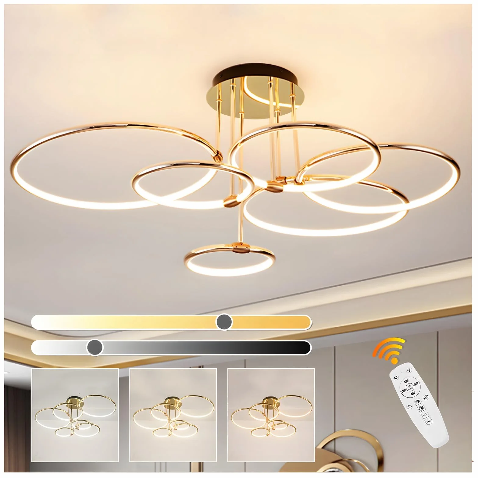 6 Anillos Redondos Lámpara De Techo Led Dorada Diseño, Candelabro De Ø105cm | 145W Regulable Forma Continua, Colgante De Electrochapa De Metal Creativo, Lámpara Moderna Para Dormitorio, Sala De Estar