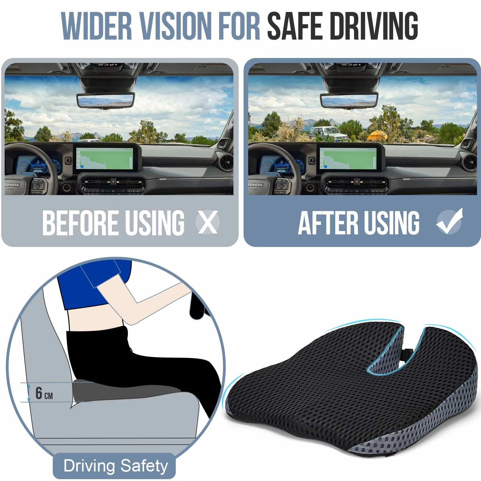 Cojín de Asiento para Coche Conductor Elevador Ergonómico con Espuma Viscoelástica