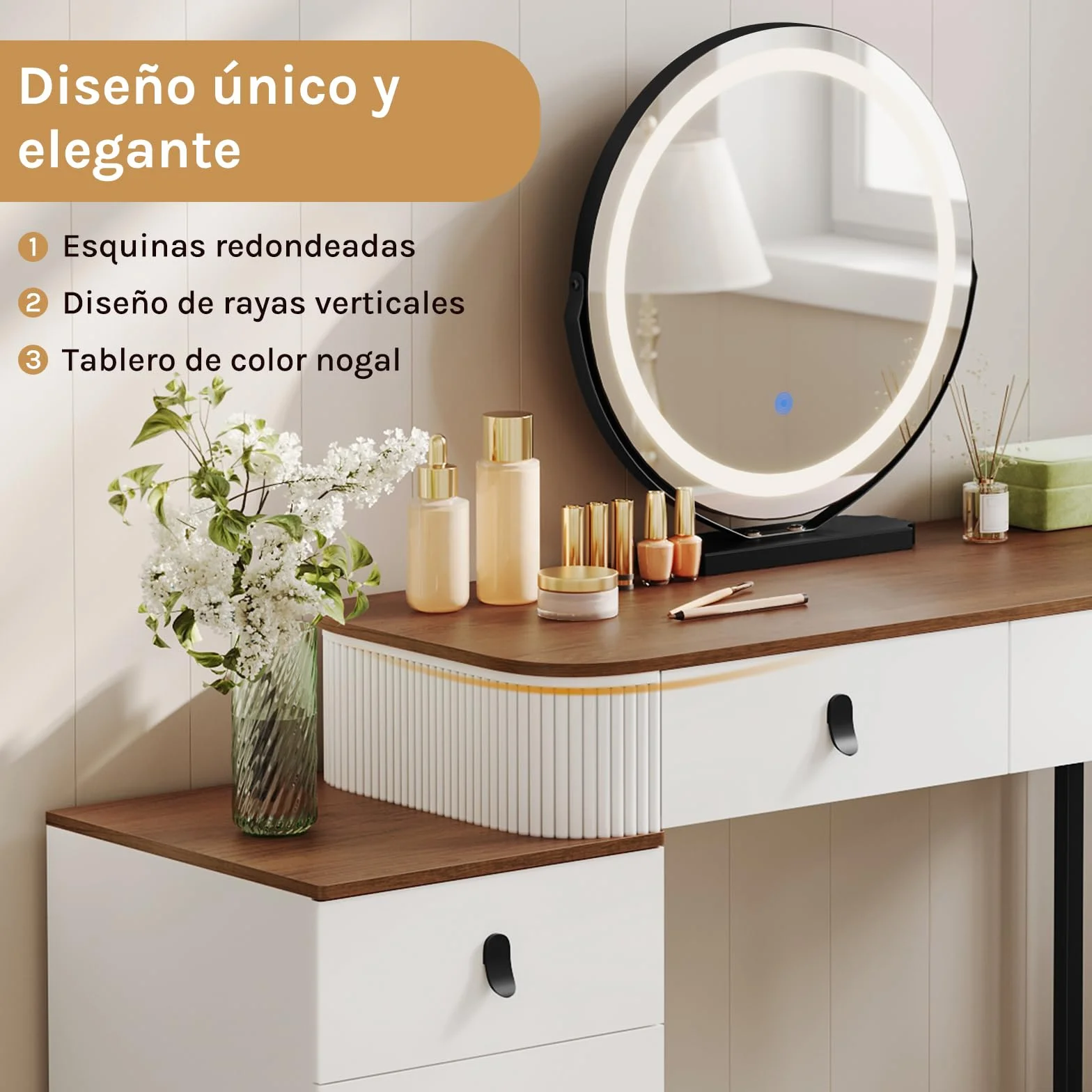 WOLTU Tocadores Maquillaje, Mesa tocador, con Espejo Redondo, Luz Regulable en 3 Niveles, Tocador con Cajonera de 5 Cajones, Marrón Naranja, MB6109hdob