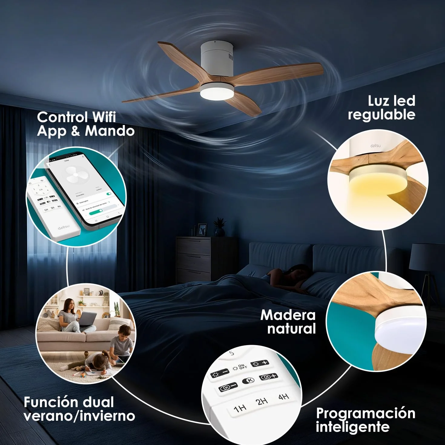 Daitsu Ventilador de Techo con Aspas de Madera Natural Velar | Función Verano/Invierno | 6 Velocidades | Luz Regulable | Control Wi-Fi App & Mando Inalámbrico (Ø107cm - Hasta 12m²)