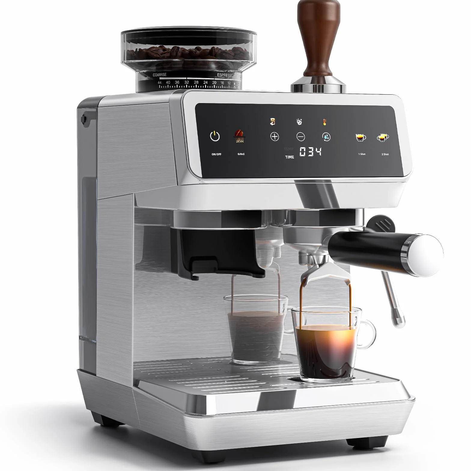 AMZCHEF Cafetera Espresso con Molinillo Integrado 20 Bares – Máquina de Café con 44 Ajustes de Molienda，Vaporizador de Leche, 4 Temperaturas, Función Café Frío, Acero Inoxidable