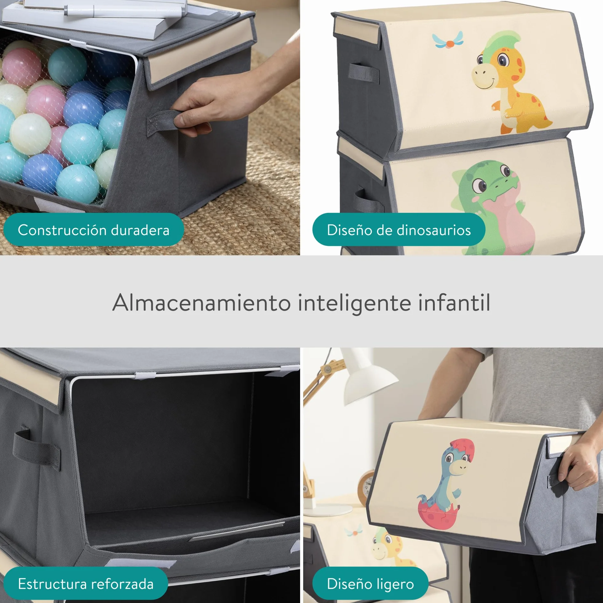 Navaris Organizador Juguetes Infantil - 3x Caja Almacenaje Juguetes Infantil 38 x 35 x 25 cm - Cajas Apilables Dinosaurios para Cuarto de Juegos y Habitación de Niños