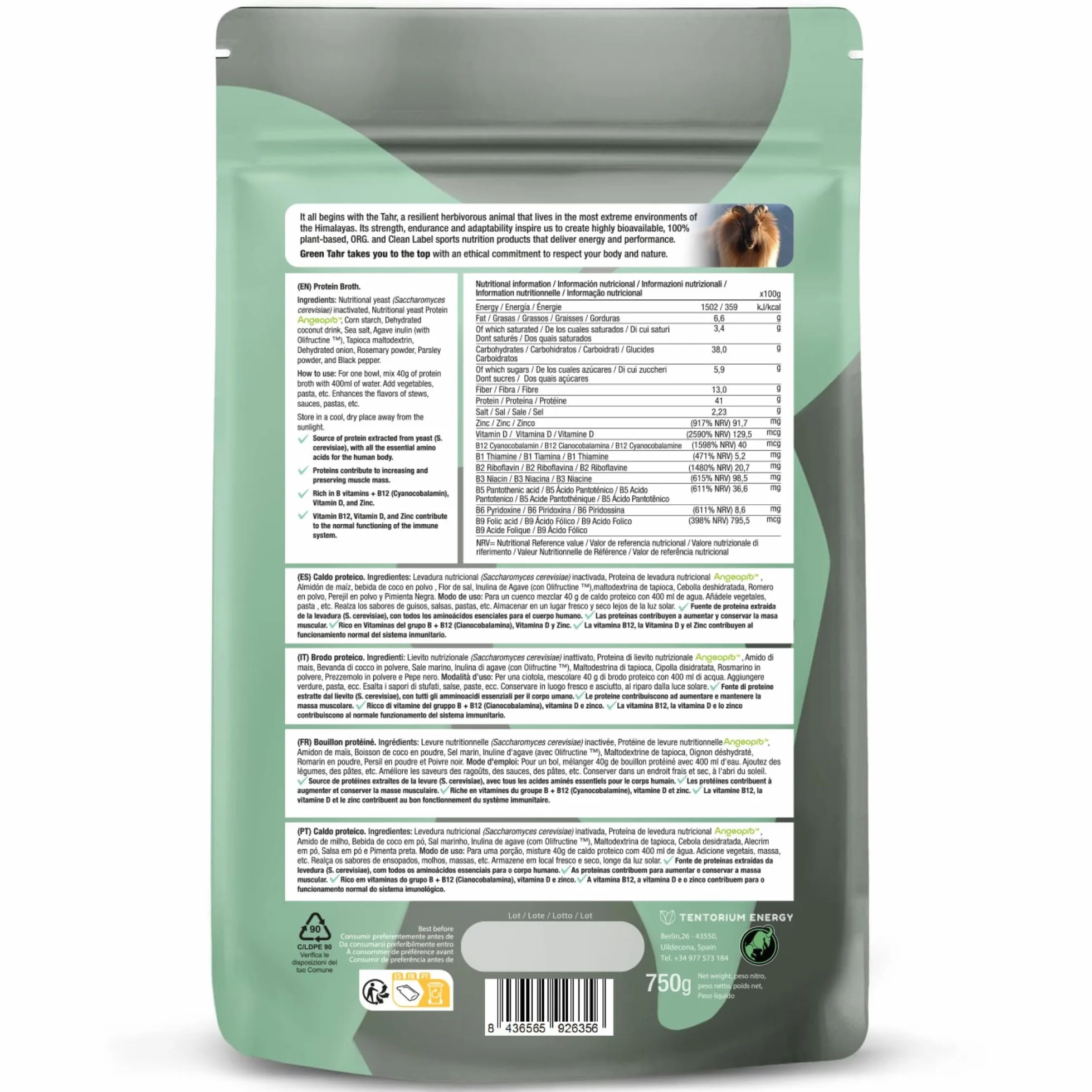 Green Tahr Caldo Proteico Magic Broth 750g, Caldo Vegetal Nutricional Proteico en Polvo y Copos, Rico en Proteína 41% y Fibra 13%, Sin Gluten, Sin Azúcares Añadidos, Vegano