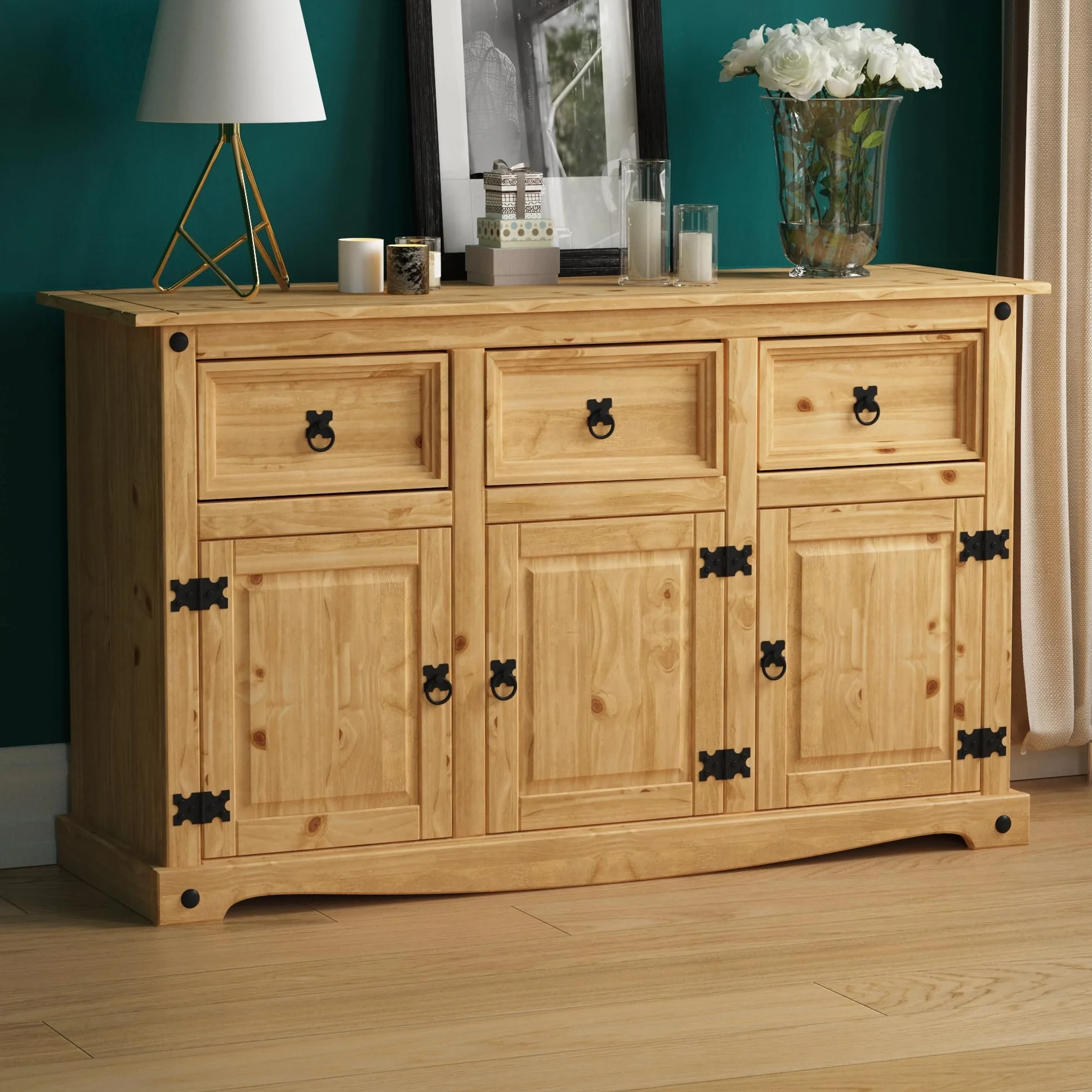Vida Designs Corona - Aparador con 3 puertas y 3 cajones, madera de pino maciza, para salón, comedor, dormitorio