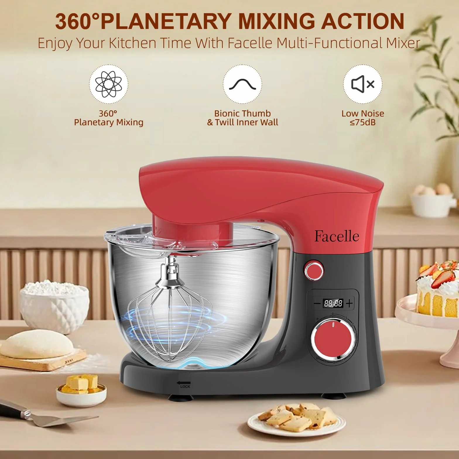 Batidora Amasadora Reposteria 1500 W, Facelle 5,5L & 4,5L Amasadora de Pan Multifunción, 10+P Robot de Cocina Amasador con Batidor, Batidor Plano, Gancho Para Masa y Protector Contra Salpicaduras