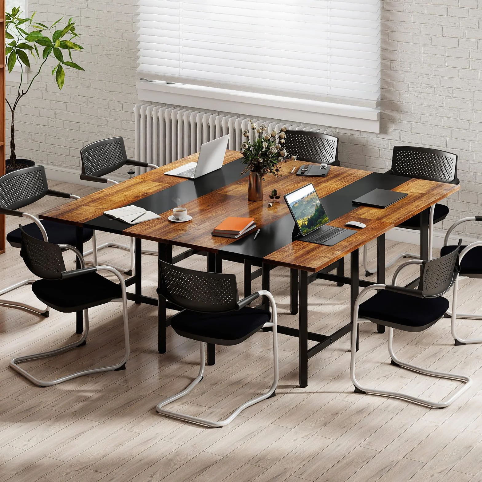 COSTWAY Mesa de Conferencias Cuadrada 100x100 cm 4 Personas Estructura Metálica Escritorio Industrial Marrón