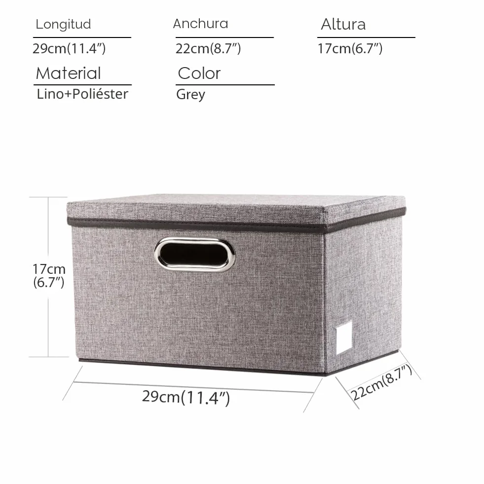 Prandom Caja de almacenamiento plegable con tapa[Paquete de 1],cajas almacenaje decorativas,Contenedor organizador de lino con asa,gris(29x22x17cm)