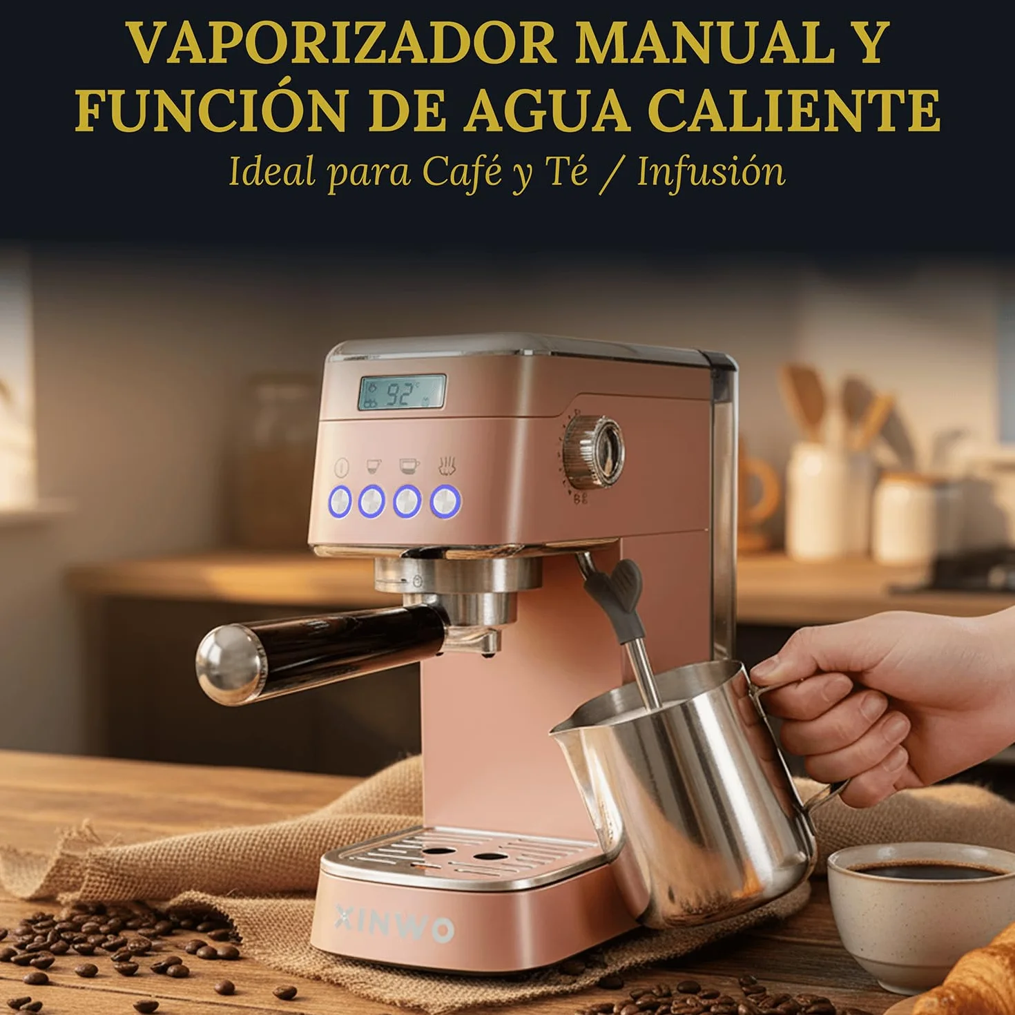 Cafetera Hanoi - Cafetera Express para Espresso y Cappuccino, 1350W, 20 Bares, Vaporizador, Brazo Portafiltros con Doble salida y 2 Filtros, Depósito Agua 1.2L, Calientatazas, Accesorios - Moca