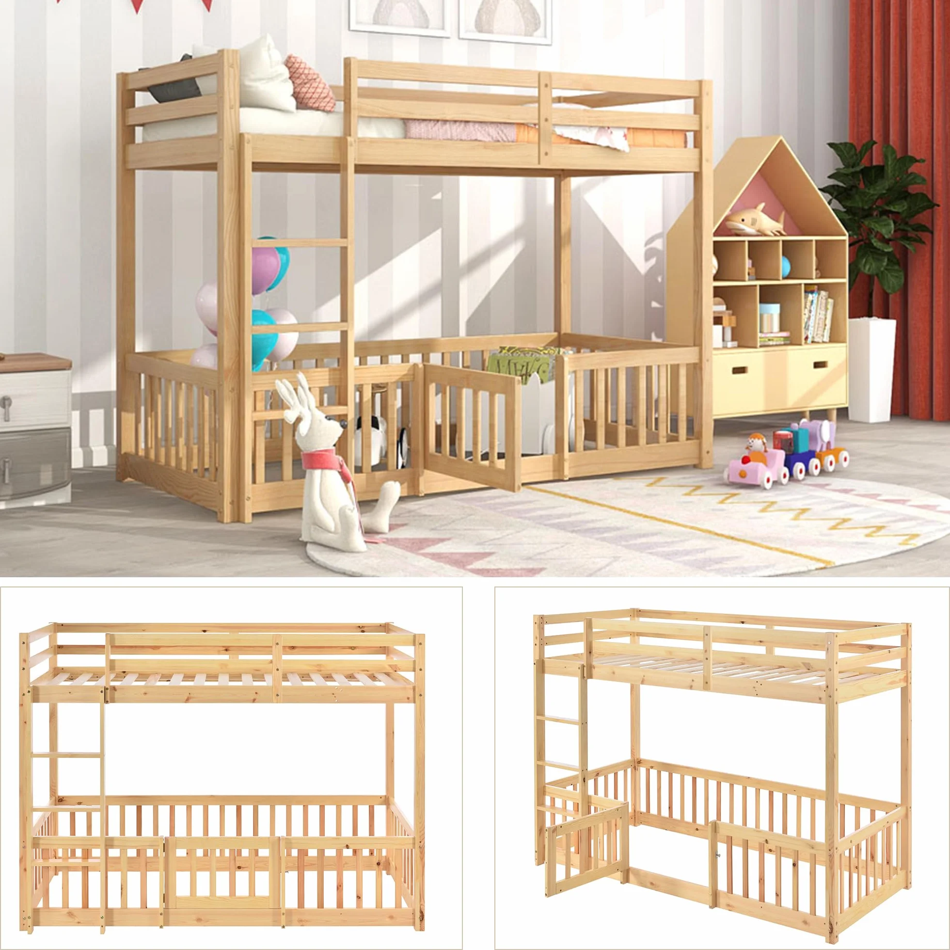 Lubvtti Litera Infantil 90 x 200 cm,Cama para niños con protección anticaídas y barandilla,Estructura Cama 90x200,Cama Superior con somier de láminas, Natural