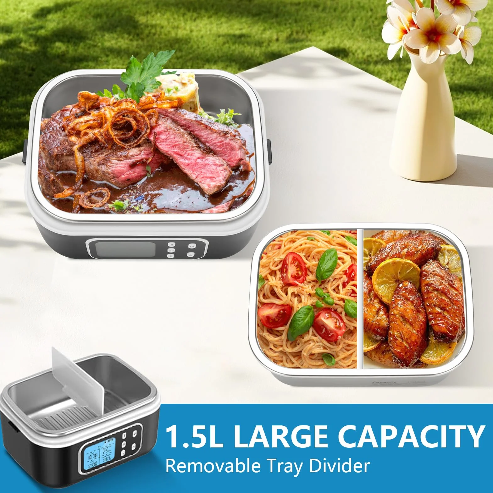 G-STORY Fiambrera Electrica 27000mAh Calentador de Comida Portatil 1,5L Lunch Box, con temporizador y control de temperatura, para oficina, camión y exteriores