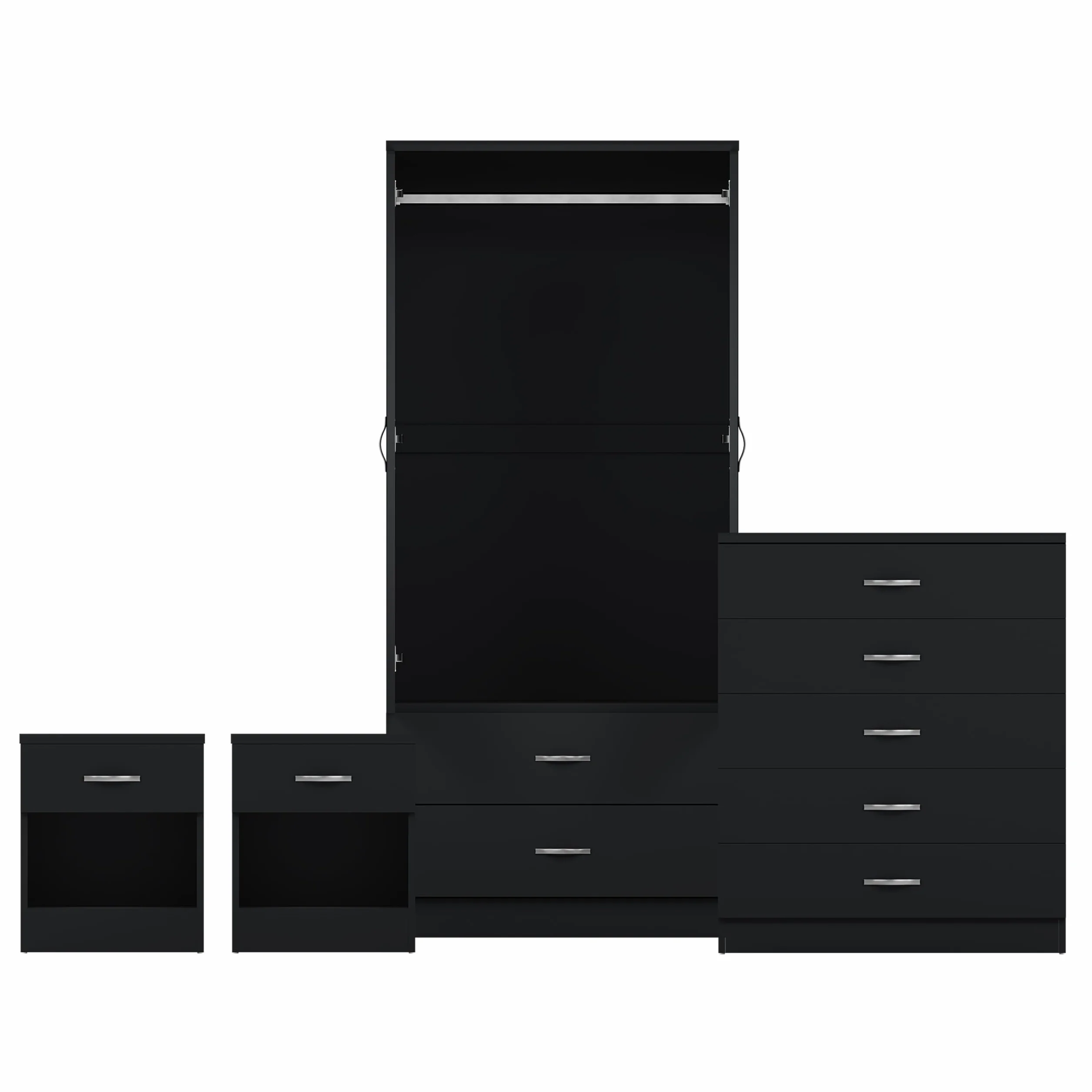 Vida Designs Riano - Juego de dormitorio de 4 piezas (1 cajón, cómoda de 5 cajones, armario de 2 puertas y 2 cajones), color negro (5)
