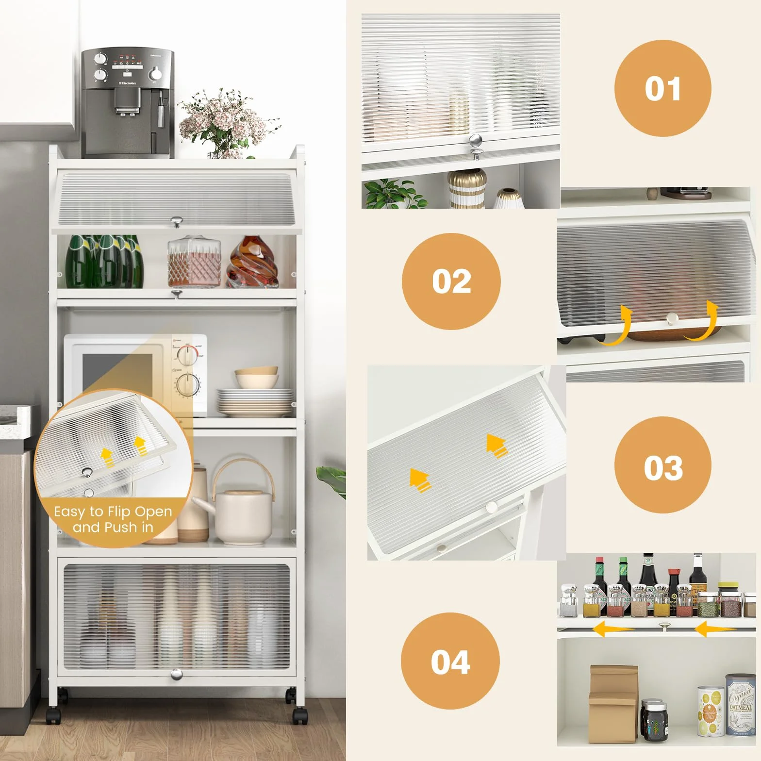 KOMFOTTEU Estantería de Cocina de 5 Niveles, Armario con 4 Ruedas y Puertas Transparentes, Mueble de Almacenamiento de Metal con Dispositivo Antivuelco para Comedor, 60 x 32 x 154 cm (Blanco)