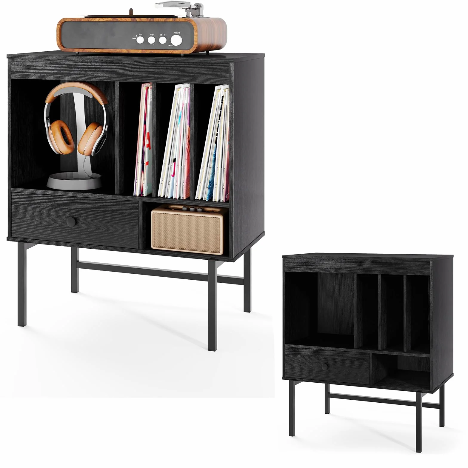 KOMFOTTEU Soporte para Tocadiscos, Mueble para Discos de Vinilo con Cajón y Compartimentos Abiertos, Negro