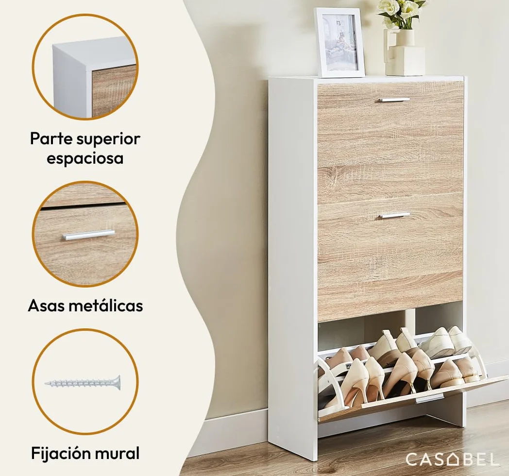 CASABEL Mueble Zapatero Moderno 3 abatibles, Almacenamiento para Zapatos 18 Pares, Madera Clara y Blanco, Mueble de Madera, Dimensiones L60xP24xH113 cm, Gran Capacidad, fácil de Instalar