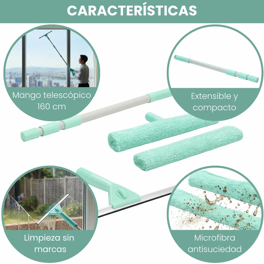 edihome, Limpia Cristales Telescópico Extensible con Longitud hasta 160 cm, Limpiacristales con 2 Cabezales, Rasqueta Tipo Escobilla de Silicona para Ventanas, Ducha y Espejo (Set Completo)