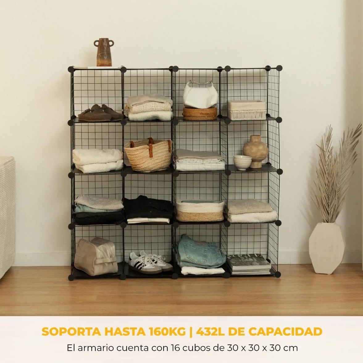 Estantería Almacenaje Newlux 16 Cubos 125x125x31,5cm Hasta 160Kg Metálica Modular Negro