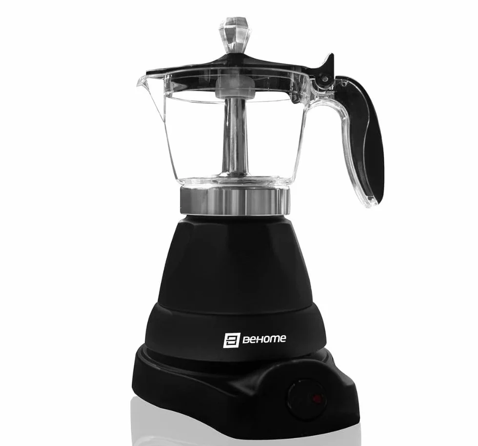 BEHOME Cafetera Italiana Eléctrica 3 Tazas, Moka Espresso Automática, Base Giratoria 360°, Negra